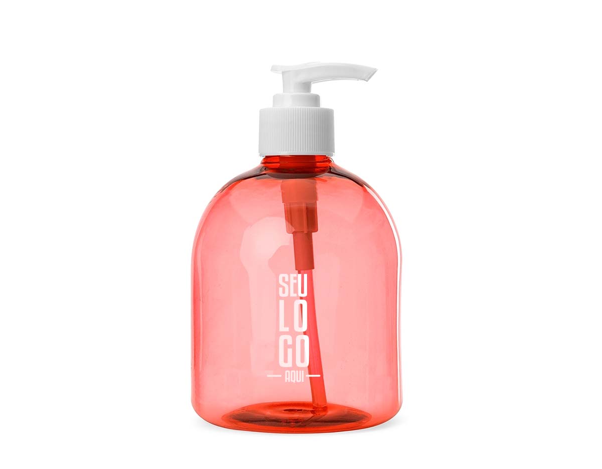 Frasco 480ml produzido em plástico colorido, tampa rosquável com válvula pump e trava de segurança, basta pressionar e girar a parte superior para travar o produto.