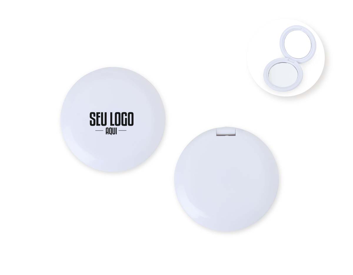 Compacto e funcional, este espelho duplo de bolso é produzido em material plástico. Seu design diferenciado conta com centro plano e bordas em declive, proporcionando um acabamento moderno e elegante.