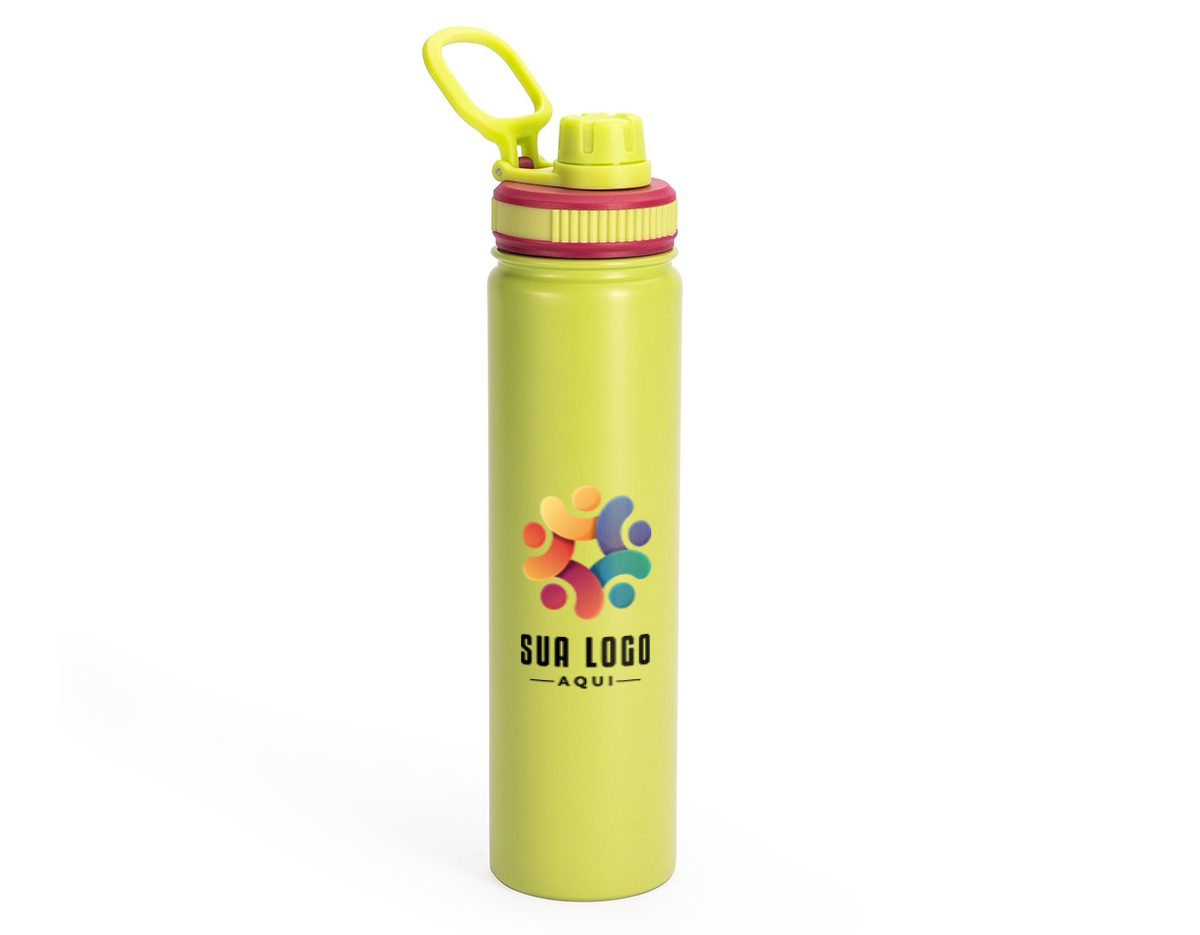 Garrafa térmica em inox com capacidade de 750 ml, ideal para manter líquidos quentes ou frios por mais tempo. Possui parede dupla com isolamento a vácuo, tampa rosqueável com proteção no bocal e alça flexível, garantindo conservação térmica, segurança e praticidade no uso diário.