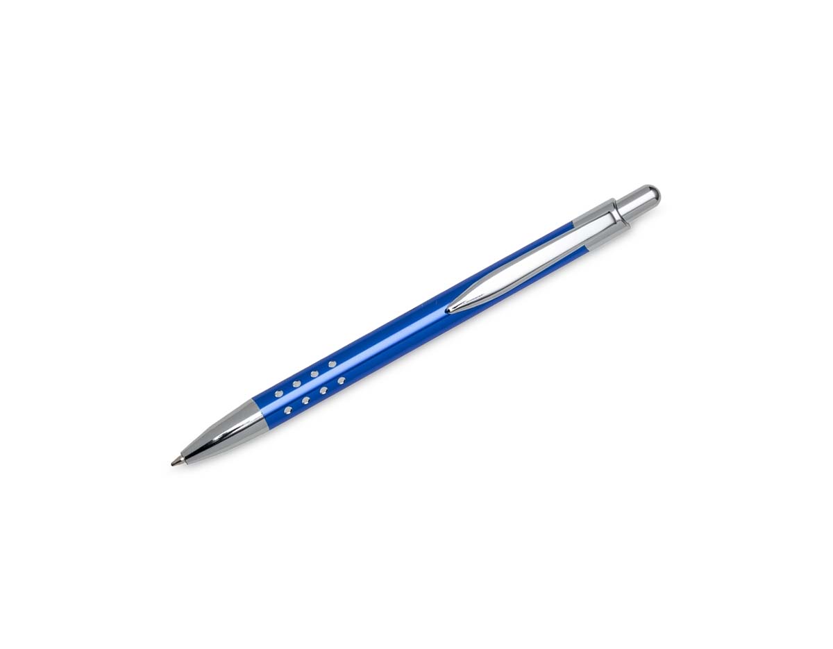 Caneta metálica com acabamento refinado e detalhes em cristal que conferem um toque de sofisticação. Possui carga esferográfica azul e acionamento por clique, unindo elegância e praticidade em um único acessório. Ideal para brindes corporativos ou uso pessoal com estilo.