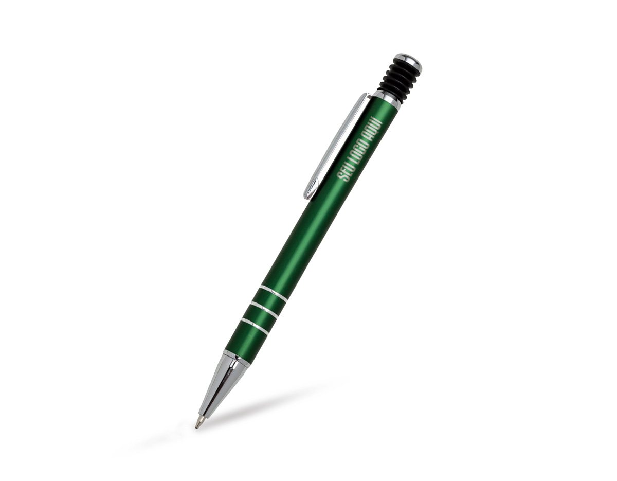 Caneta metálica com design elegante, escrita esferográfica azul de alta qualidade e acionamento por clique, ideal para uso diário ou brindes corporativos.