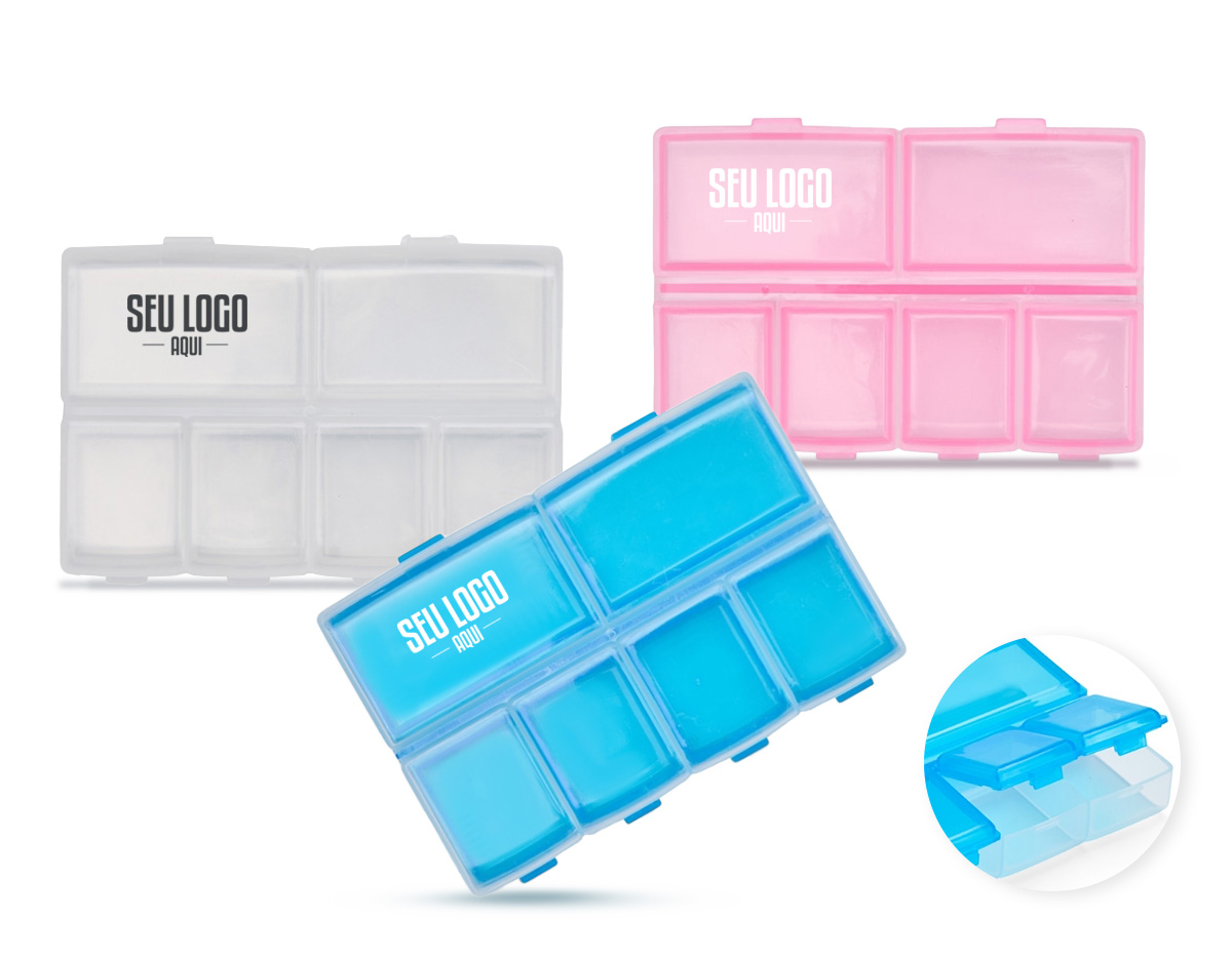 Porta comprimidos de plástico com seis compartimentos: dois maiores, com capacidade de até 15 ml, e quatro menores, totalizando 10 ml. Ideal para organizar comprimidos de forma prática e eficiente, oferecendo diferentes opções de arranjo para a rotina de cuidados.