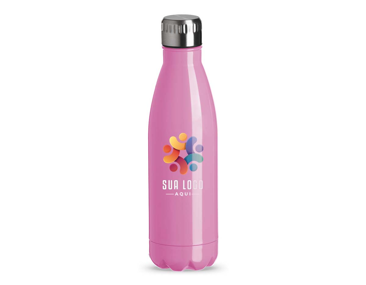 Garrafa em aço inox com capacidade de 750 ml, tampa rosqueável e anel de silicone que garante vedação. O design inclui frisos na tampa.