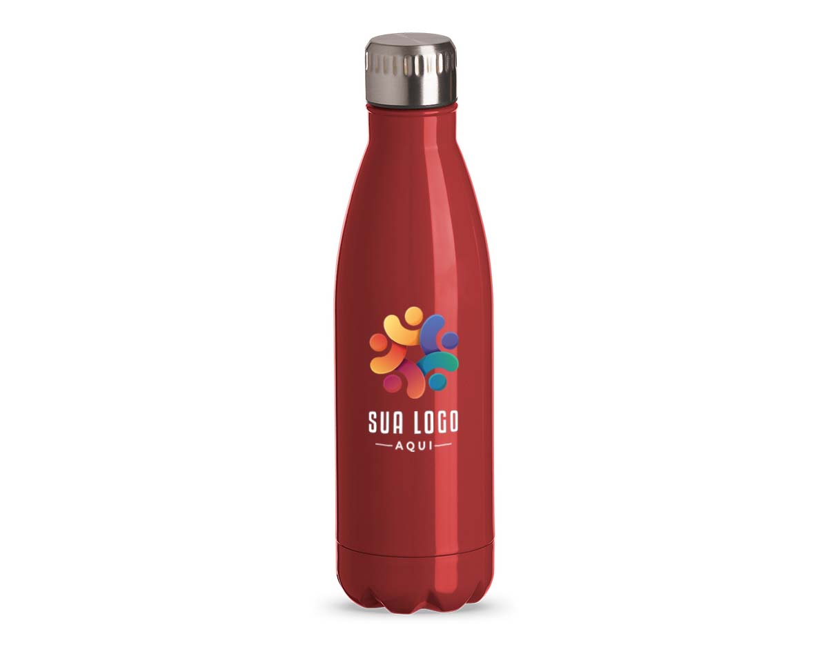 Garrafa em aço inox com capacidade de 750 ml, tampa rosqueável e anel de silicone que garante vedação. O design inclui frisos na tampa.