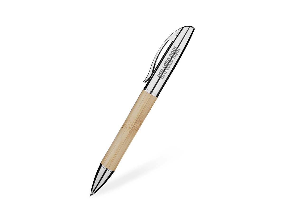 Caneta com corpo em bambu e detalhes em metal, que une sustentabilidade, elegância e resistência. Possui escrita suave, ideal para uso diário, brindes ou ações promocionais. Seu design ecológico transmite cuidado com o meio ambiente, sendo uma excelente opção para valorizar sua marca de forma consciente.