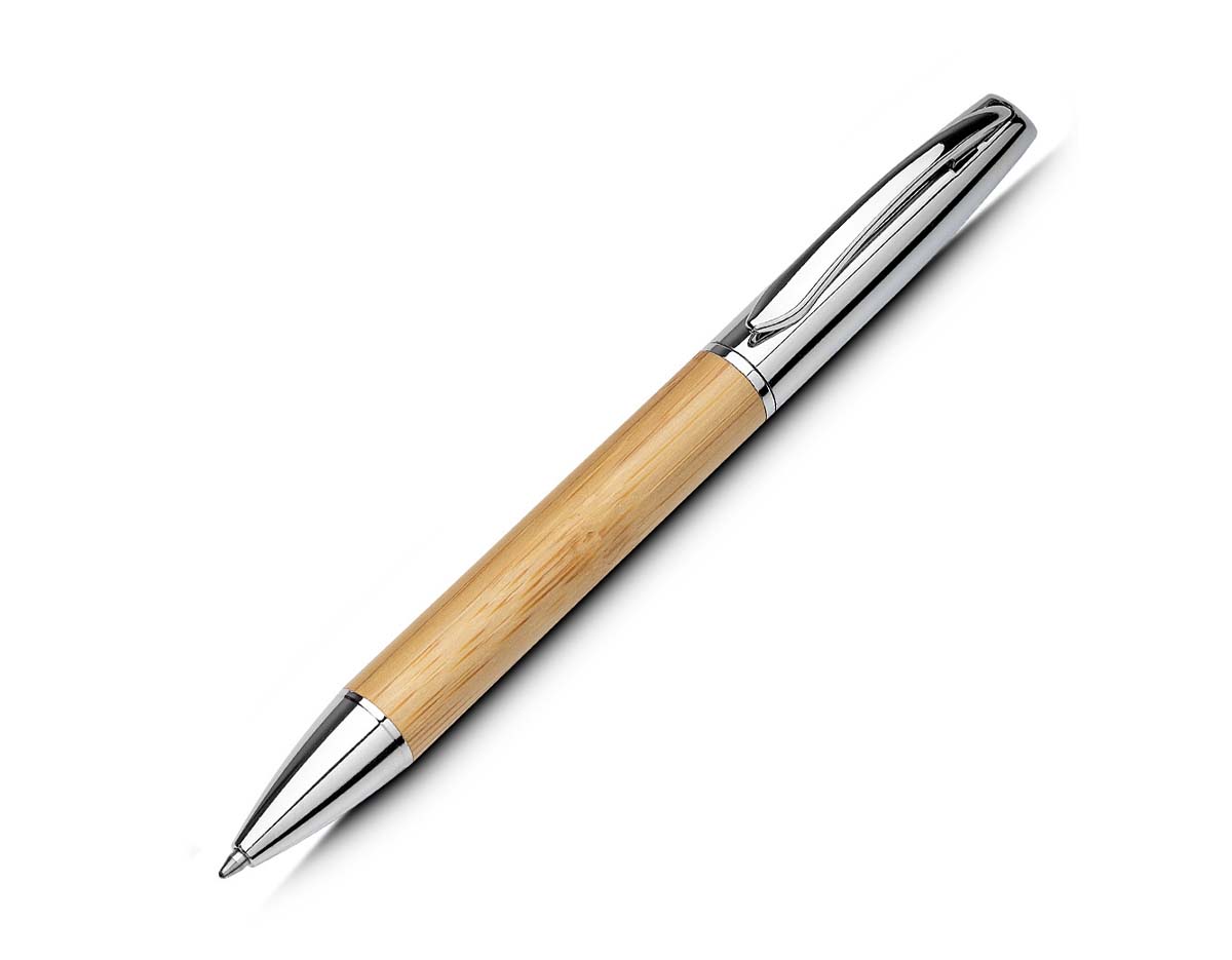 Caneta com corpo em bambu e detalhes em metal, que une sustentabilidade, elegância e resistência. Possui escrita suave, ideal para uso diário, brindes ou ações promocionais. Seu design ecológico transmite cuidado com o meio ambiente, sendo uma excelente opção para valorizar sua marca de forma consciente.