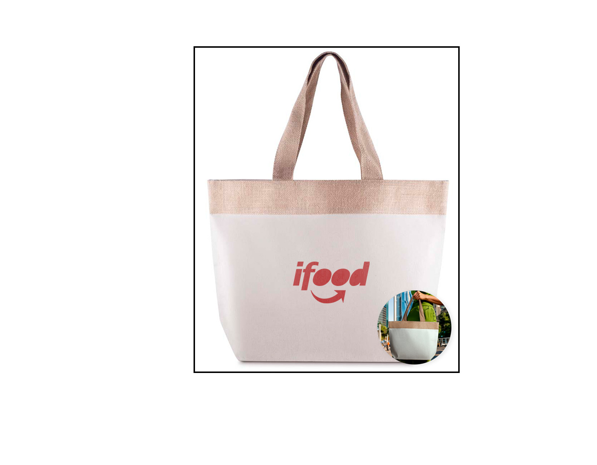 Sacola em algodão cru 220g/m² com detalhe em juta, oferecendo resistência e estilo natural. Conta com alça de 24 cm de altura, ideal para transporte com conforto. Perfeita para uso no dia a dia, eventos, feiras e ações promocionais, é uma opção sustentável e versátil, alinhando praticidade e responsabilidade ambiental.