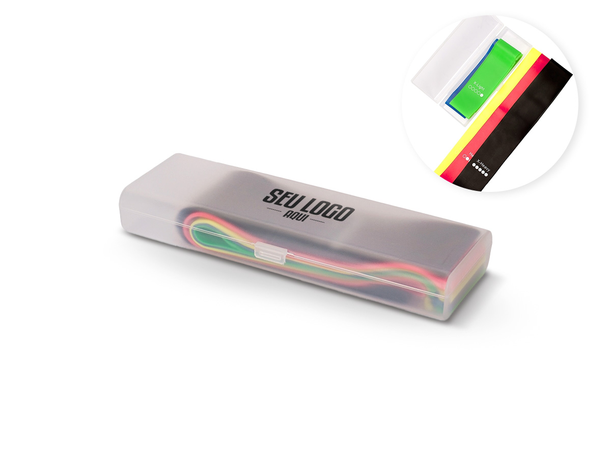 Kit com cinco faixas de borracha com diferentes níveis de resistência, oferecendo a elasticidade ideal para a prática de diversos tipos de atividades físicas. O conjunto acompanha um estojo plástico para guardar as faixas.