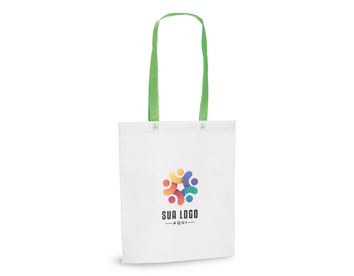 Sacola em non-woven (80 g/m²) termo-selado com alças de 55 cm. 330 x 390 x 80 mm