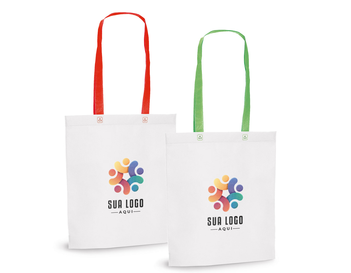 Sacola em non-woven (80 g/m²) termo-selado com alças de 55 cm. 330 x 390 x 80 mm