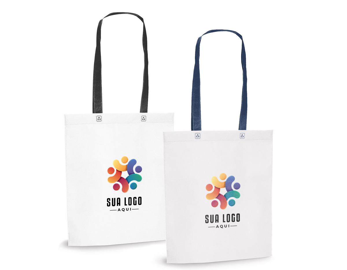 Sacola em non-woven (80 g/m²) termo-selado com alças de 55 cm. 330 x 390 x 80 mm
