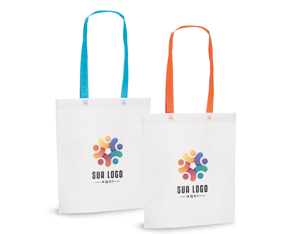 Sacola em non-woven (80 g/m²) termo-selado com alças de 55 cm. 330 x 390 x 80 mm