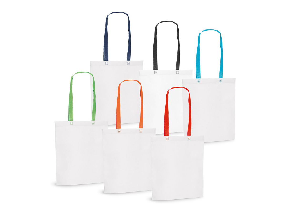 Sacola em non-woven (80 g/m²) termo-selado com alças de 55 cm. 330 x 390 x 80 mm