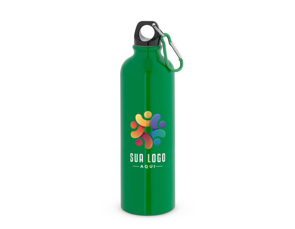 Squeeze esportiva em aço inox de parede simples. A tampa tem um mosquetão que facilita seu transporte ou pode ser pendurado numa mochila. Capacidade até 820 mL. Caixa branca 94657 vendida opcionalmente. Certificação EU Food Grade.