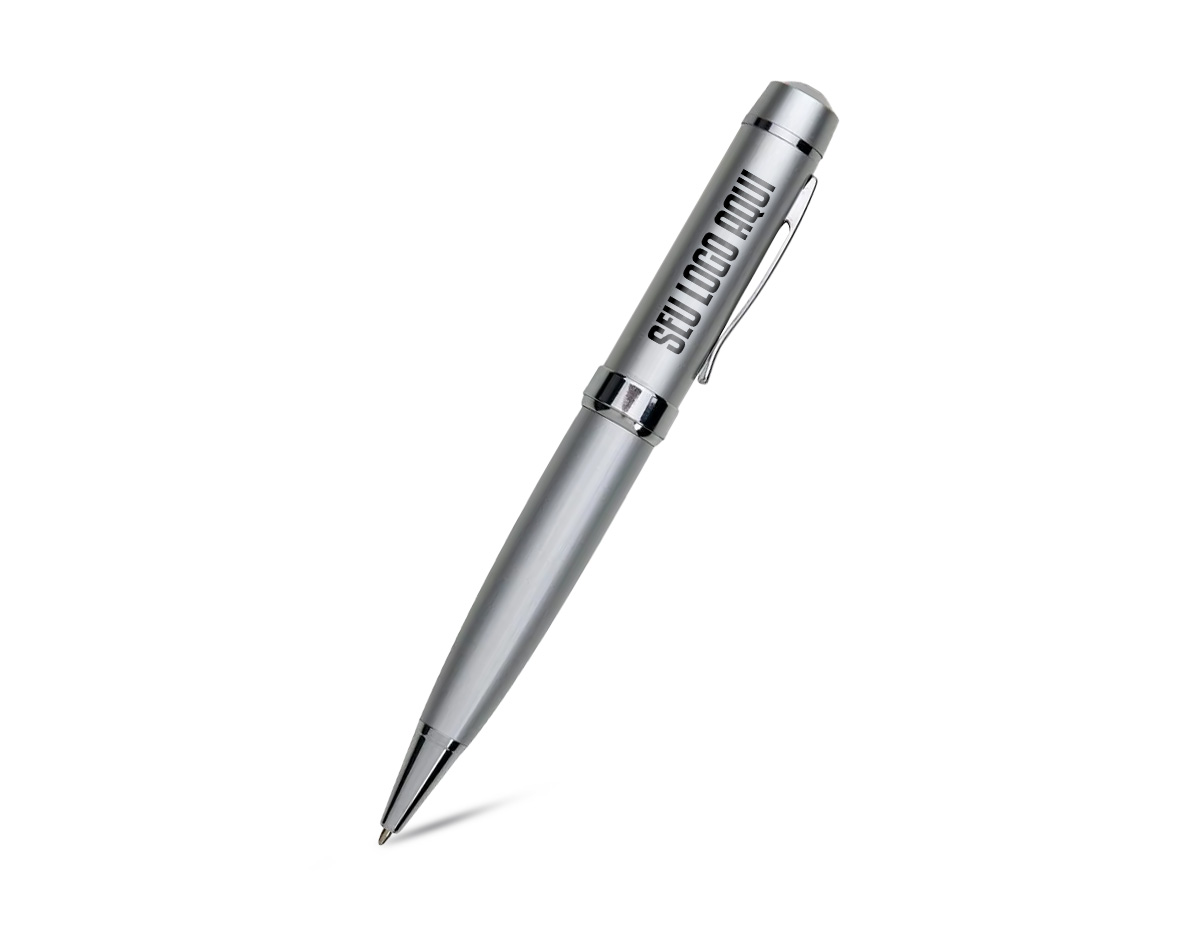 Caneta esferográfica plástica pen drive 4GB com laser. Acompanha bateria interna. Acionamento por giro Rosquear a caneta para utilizar a função pen drive.