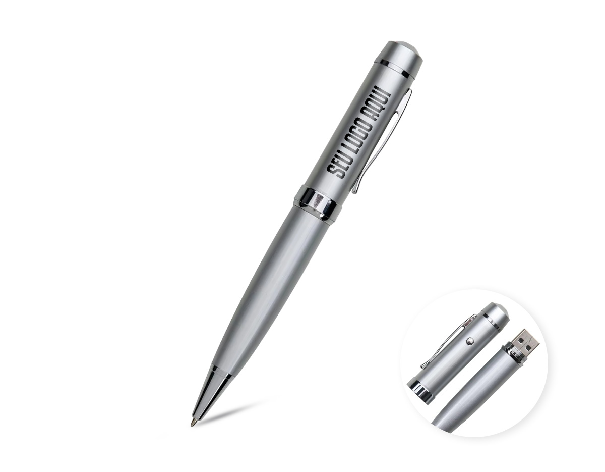 Caneta esferográfica plástica pen drive 4GB com laser. Acompanha bateria interna. Acionamento por giro Rosquear a caneta para utilizar a função pen drive.