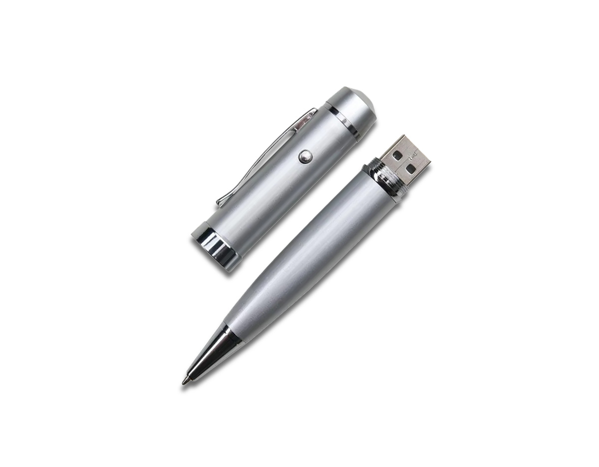 Caneta esferográfica plástica pen drive 4GB com laser. Acompanha bateria interna. Acionamento por giro Rosquear a caneta para utilizar a função pen drive.