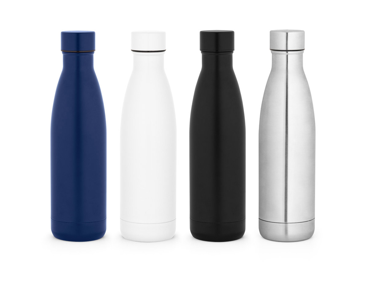 Garrafa para sublimação em aço inox com parede dupla, isolada a vácuo. A tampa incorpora um sistema de vácuo para melhor conservação da temperatura. Capacidade até 800 mL. Fornecido em caixa presente. Certificação EU Food Grade.