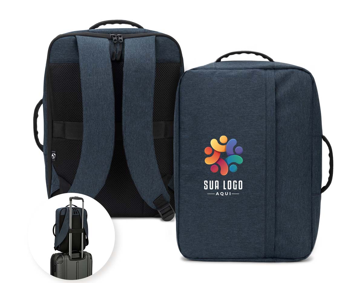 Mochila para notebook em poliéster reciclado 300D de alta densidade e forro em poliéster reciclado 190T. Possui um compartimento principal para notebook até 15.6" que pode ser totalmente aberto, possibilitando um acesso mais descomplicado, e um bolso frontal de grande dimensão. A mochila também pode ser utilizada como pasta graças à sua pega lateral e o seu formato compacto. A parte posterior em malha incorpora uma alça para trolley.