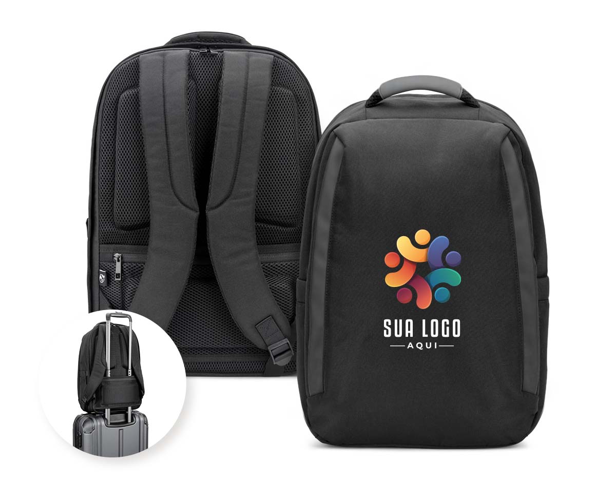 Mochila antirroubo em poliéster reciclado 600D com detalhes em PU e interior em poliéster reciclado 210D. Resistente à água, conta com compartimento principal com bolsos almofadados para notebook até 17.3" e tablet até 10.5", além de compartimentos laterais e frontais. Parte traseira acolchoada, pega superior e alça para trolley. Capacidade até 20 L.