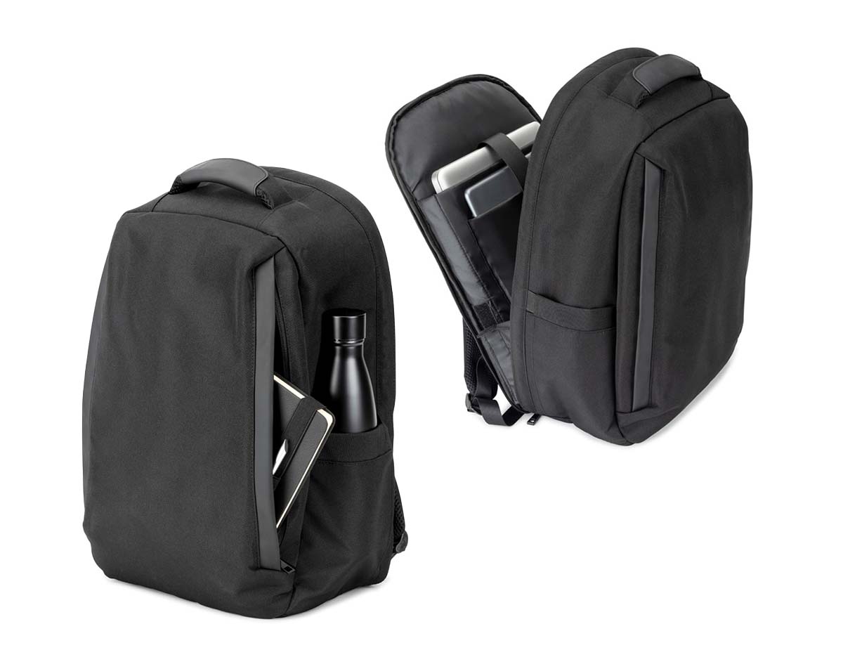 Mochila antirroubo em poliéster reciclado 600D com detalhes em PU e interior em poliéster reciclado 210D. Resistente à água, conta com compartimento principal com bolsos almofadados para notebook até 17.3" e tablet até 10.5", além de compartimentos laterais e frontais. Parte traseira acolchoada, pega superior e alça para trolley. Capacidade até 20 L.