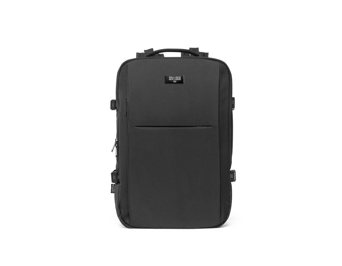 Mochila de viagem em poliéster reciclado 600D com acabamento repelente à água e forro em poliéster reciclado 210D. Possui três compartimentos principais: traseiro com bolsos para notebook até 17.3" e tablet até 10.1", central expansível para roupas e frontal com divisórias internas. Conta com três bolsos externos, dois com forro em PEVA, placa metálica removível, alças ajustáveis, cintas de compressão, pegas almofadadas e alça para trolley. Capacidade até 29 L.