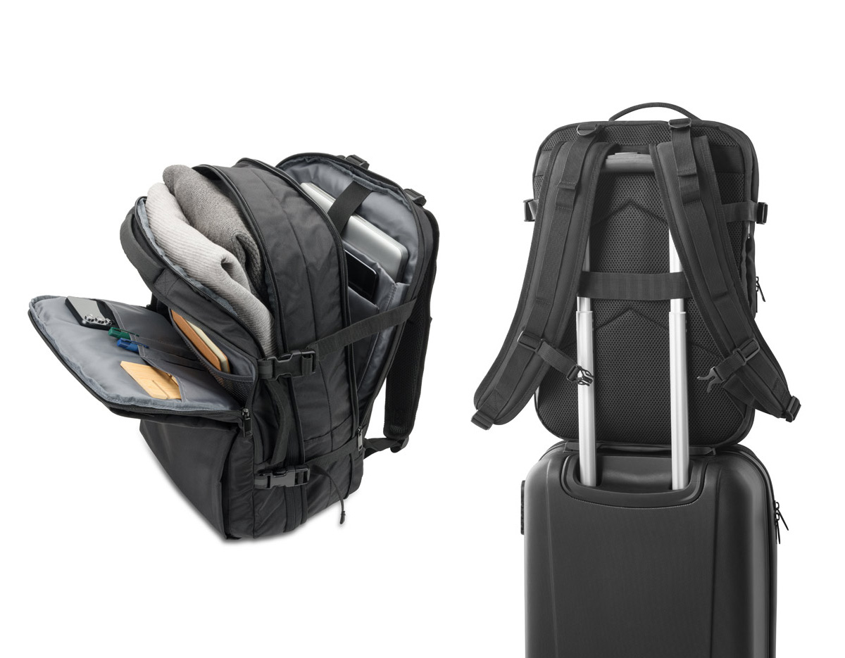 Mochila de viagem em poliéster reciclado 600D com acabamento repelente à água e forro em poliéster reciclado 210D. Possui três compartimentos principais: traseiro com bolsos para notebook até 17.3" e tablet até 10.1", central expansível para roupas e frontal com divisórias internas. Conta com três bolsos externos, dois com forro em PEVA, placa metálica removível, alças ajustáveis, cintas de compressão, pegas almofadadas e alça para trolley. Capacidade até 29 L.