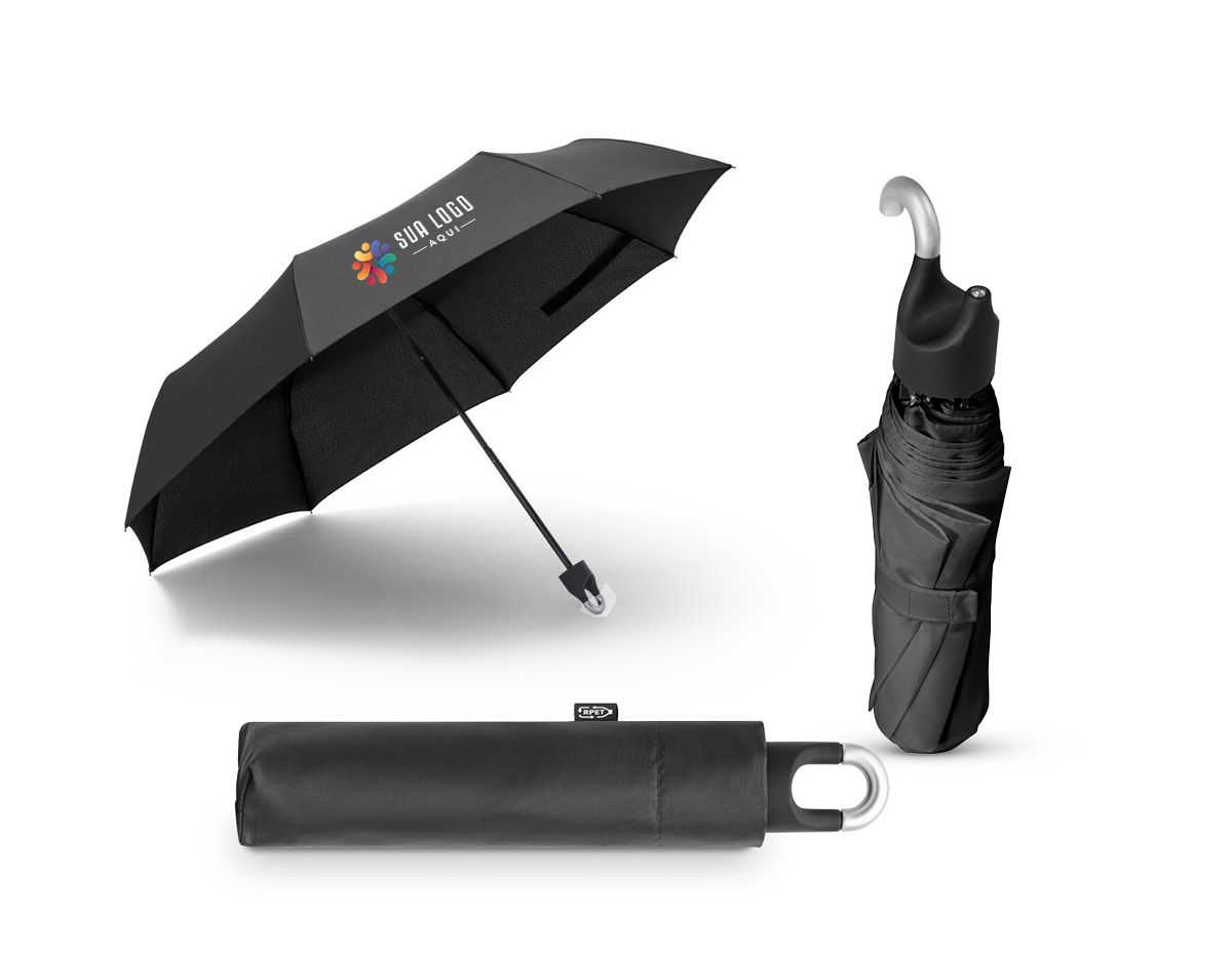 Guarda-chuva confeccionado em poliéster 100% reciclado (rPET) pongee 190T. Possui varetas em fibra de vidro, haste metálica e pega em ABS reciclado. Dobrável em 3 seções, conta com abertura manual e design à prova de vento. Combinando praticidade, resistência e sustentabilidade.