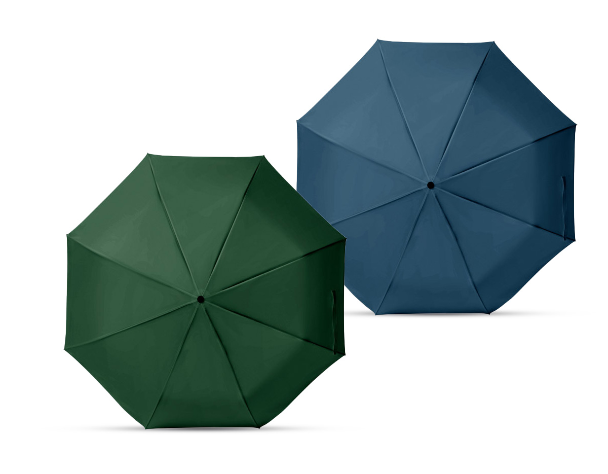 Guarda-chuva confeccionado em poliéster 100% reciclado (rPET) pongee 190T. Possui varetas em fibra de vidro, haste metálica e pega em ABS reciclado. Dobrável em 3 seções, conta com abertura manual e design à prova de vento. Combinando praticidade, resistência e sustentabilidade.