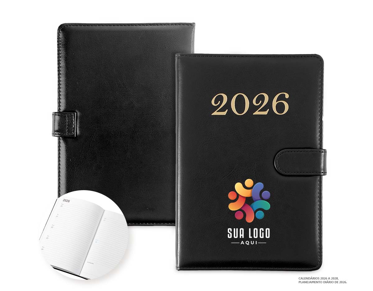 Agenda semanal com capa em poliuretano (PU) e fecho magnético. Inclui páginas para dados pessoais, calendários de 2026 a 2028, planejamento diário para o ano de 2026 e lista de códigos DDI. Ideal para organização e consulta rápida ao longo do ano.