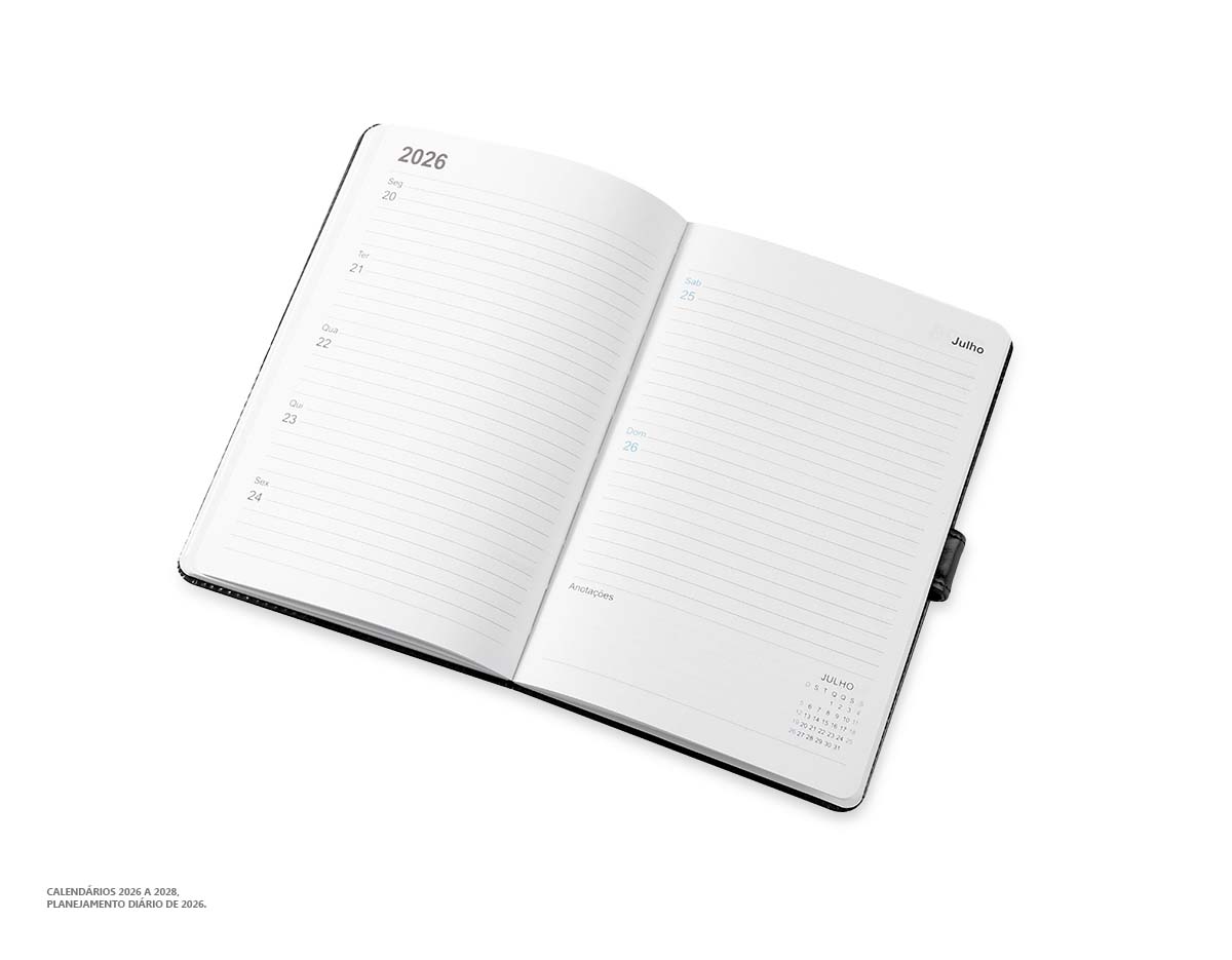 Agenda semanal com capa em poliuretano (PU) e fecho magnético. Inclui páginas para dados pessoais, calendários de 2026 a 2028, planejamento diário para o ano de 2026 e lista de códigos DDI. Ideal para organização e consulta rápida ao longo do ano.