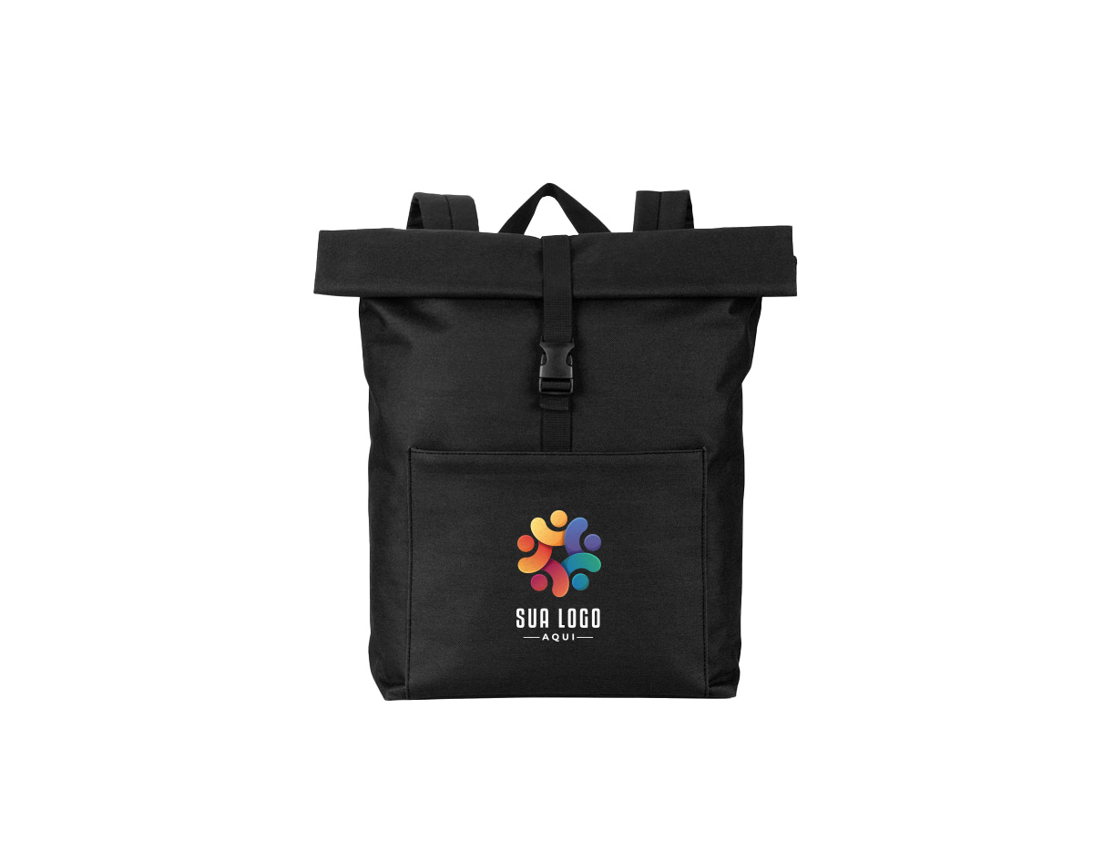 Mochila "Roll-top" para notebook em 600D e forro em 210D. Possui um compartimento principal espaçoso para notebook até 17.3", com fecho de enrolar no topo. Bolso frontal com zíper.