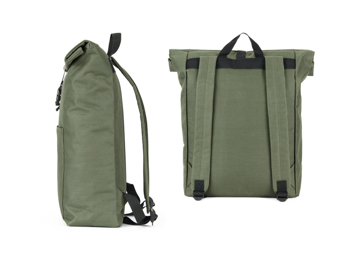 Mochila "Roll-top" para notebook em 600D e forro em 210D. Possui um compartimento principal espaçoso para notebook até 17.3", com fecho de enrolar no topo. Bolso frontal com zíper.