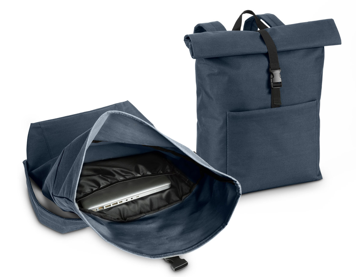 Mochila "Roll-top" para notebook em 600D e forro em 210D. Possui um compartimento principal espaçoso para notebook até 17.3", com fecho de enrolar no topo. Bolso frontal com zíper.