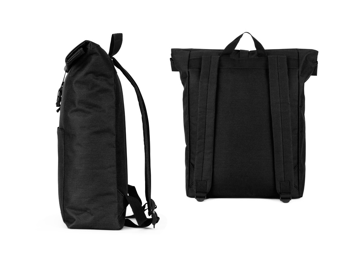 Mochila "Roll-top" para notebook em 600D e forro em 210D. Possui um compartimento principal espaçoso para notebook até 17.3", com fecho de enrolar no topo. Bolso frontal com zíper.
