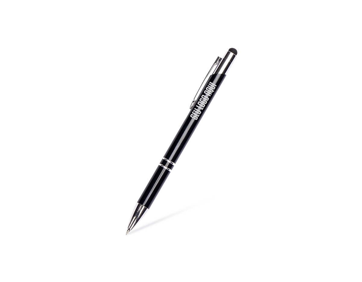 Caneta esferográfica com carga azul de 1,0 mm, fabricada inteiramente em metal. Possui acionamento por clique que proporciona leveza e agilidade na escrita. A ponteira emborrachada permite uso como caneta touch, compatível com dispositivos de tela sensível ao toque.