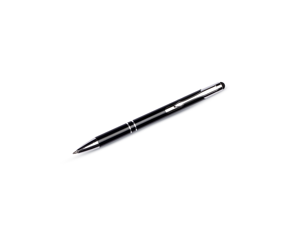 Caneta esferográfica com carga azul de 1,0 mm, fabricada inteiramente em metal. Possui acionamento por clique que proporciona leveza e agilidade na escrita. A ponteira emborrachada permite uso como caneta touch, compatível com dispositivos de tela sensível ao toque.