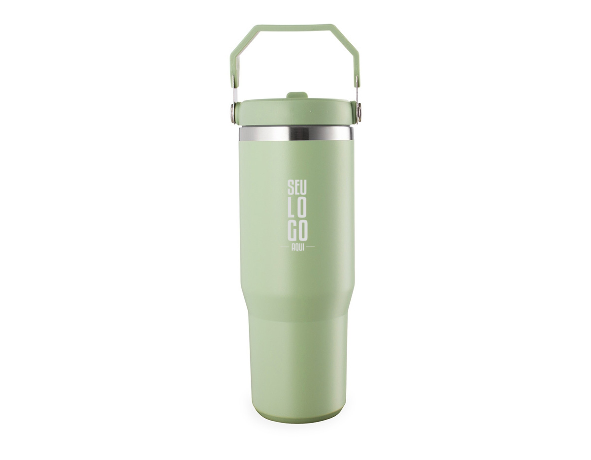 Copo térmico em inox com capacidade de até 800 mL. Possui parede dupla para isolamento térmico, tampa plástica rosqueável com vedação a vácuo, alça fixa em inox com camada plástica e bico flexível. Acompanha canudo plástico para encaixe interno, ideal para uso prático no dia a dia.