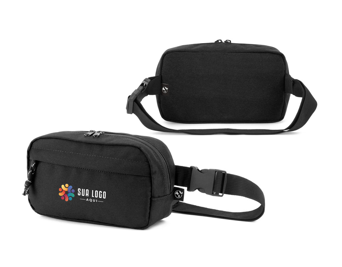 Pochete confeccionada em poliéster reciclado 600D, com forro interno em poliéster reciclado 210D. Conta com um compartimento principal espaçoso e um bolso frontal para itens menores, unindo praticidade e sustentabilidade no dia a dia. Ideal para quem busca funcionalidade com consciência ambiental.