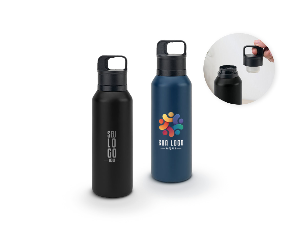 Garrafa em aço inox 91% reciclado com parede dupla isolada a vácuo e parede interna revestida a cobre, características que permitem conservar a temperatura das suas bebidas por um longo período. A tampa em PP é à prova de vazamentos e incorpora um botão que facilita a sua abertura. O acabamento da garrafa em mate confere-lhe um visual mais contemporâneo.