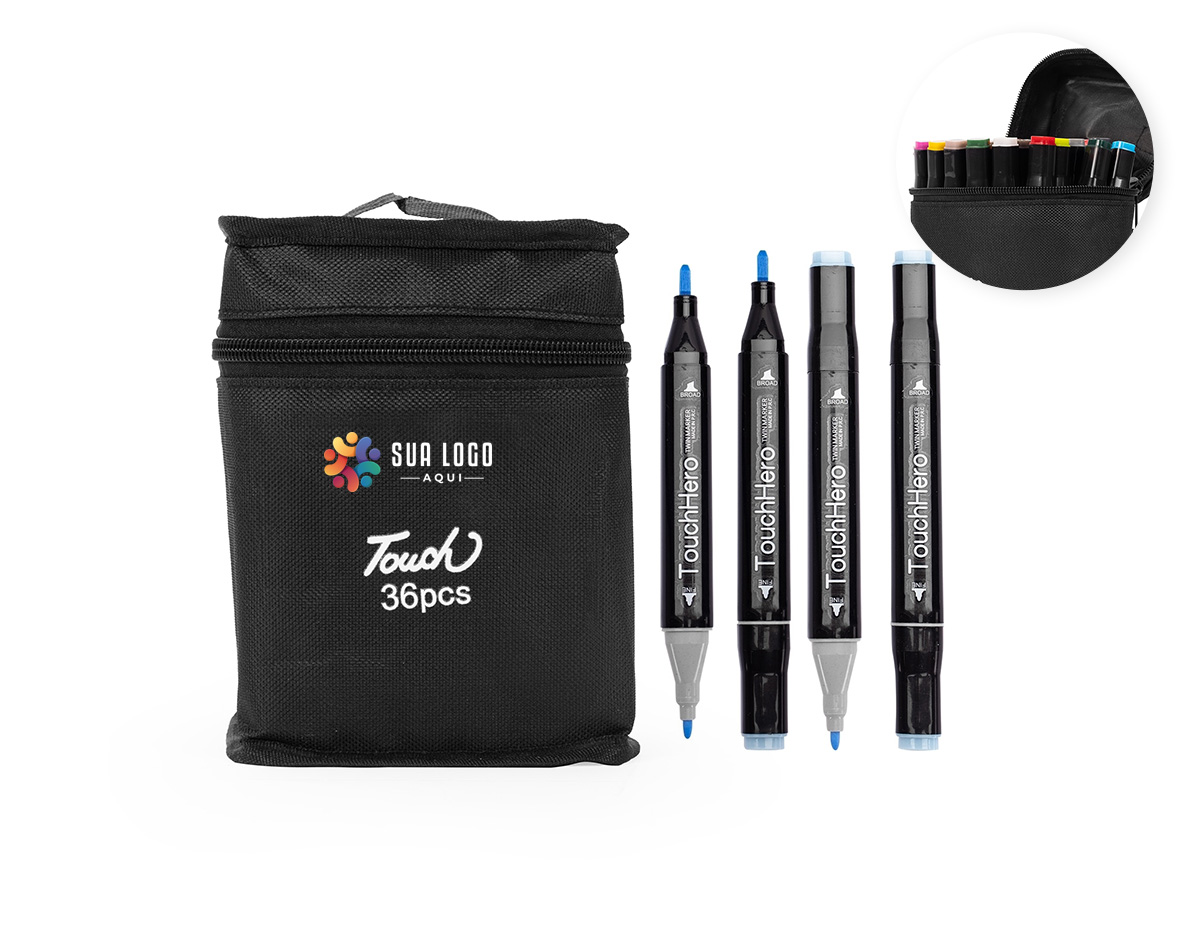 Um kit com 36 canetas marcadoras com pontas duplas: uma fina e outra chanfrada grossa. Cada uma das canetas possui corpo leve em plástico, projetado com foco na ergonomia, o que torna seu manuseio simples e agradável até mesmo em períodos prolongados. Este é um conjunto que, através de toda a sua versatilidade com as pontas e a variedade de cores, traz todas as possibilidades criativas para pintar, desenhar, escrever ou marcar textos. Acompanham bolsa para facilitar o transporte do kit.