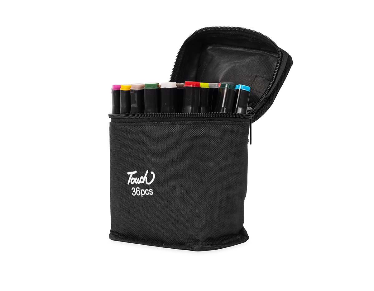 Um kit com 36 canetas marcadoras com pontas duplas: uma fina e outra chanfrada grossa. Cada uma das canetas possui corpo leve em plástico, projetado com foco na ergonomia, o que torna seu manuseio simples e agradável até mesmo em períodos prolongados. Este é um conjunto que, através de toda a sua versatilidade com as pontas e a variedade de cores, traz todas as possibilidades criativas para pintar, desenhar, escrever ou marcar textos. Acompanham bolsa para facilitar o transporte do kit.