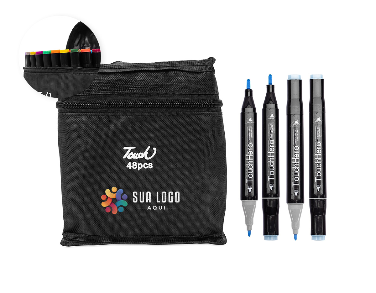 Um kit com 48 canetas marcadoras com pontas duplas: uma fina e outra chanfrada grossa. Cada uma das canetas possui corpo leve em plástico, projetado com foco na ergonomia, o que torna seu manuseio simples e agradável até mesmo em períodos prolongados. Este é um conjunto que, através de toda a sua versatilidade com as pontas e a variedade de cores, traz todas as possibilidades criativas para pintar, desenhar, escrever ou marcar textos. Acompanham bolsa para facilitar o transporte do kit.
