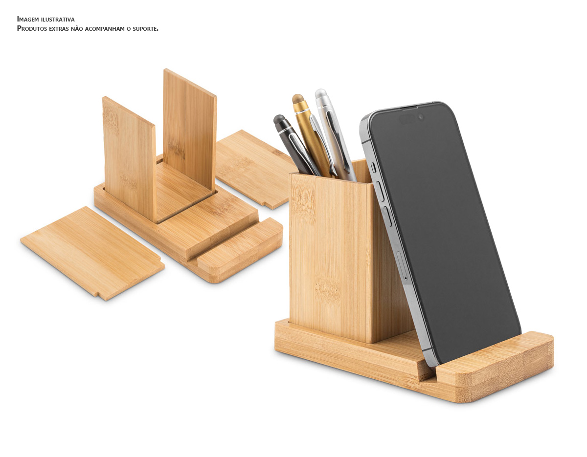 Porta Canetas com Suporte Celular, ideal para organizar o seu espaço de trabalho. Composto por 1 canaleta para suporte do seu celular ou de um copo, desmontável, para organizar as suas esferográficas e outros materiais de trabalho.