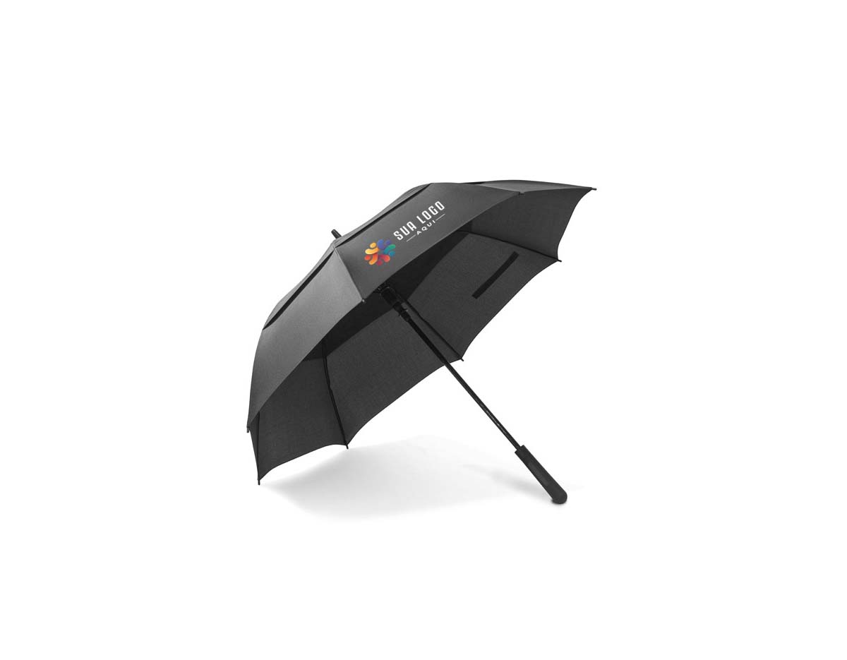 Guarda-chuva 27.5" em poliéster reciclado rPET 190T, com pega em ABS 35% reciclado. Estrutura em fibra de vidro, com abertura automática e sistema à prova de vento. Brinde corporativo sofisticado e sustentável, ideal para destacar sua marca com responsabilidade.
