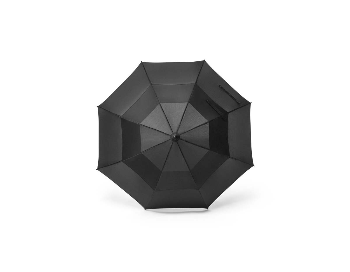 Guarda-chuva 27.5" em poliéster reciclado rPET 190T, com pega em ABS 35% reciclado. Estrutura em fibra de vidro, com abertura automática e sistema à prova de vento. Brinde corporativo sofisticado e sustentável, ideal para destacar sua marca com responsabilidade.