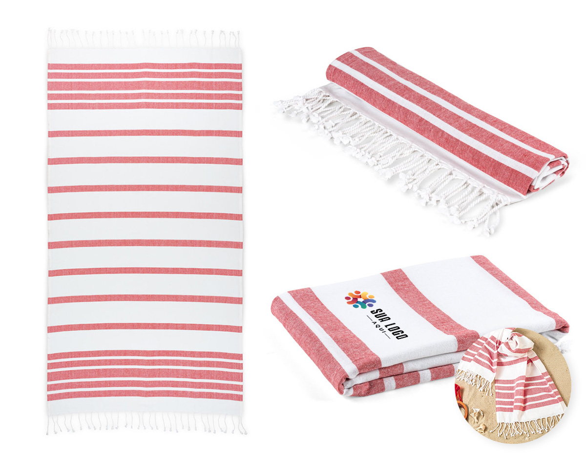 Toalha de praia produzida em tecido com composição de 70% algodão reciclado e 30% poliéster reciclado (180 g/m²). Apresenta design minimalista e acabamento leve, ideal para uso em momentos de lazer ao ar livre.