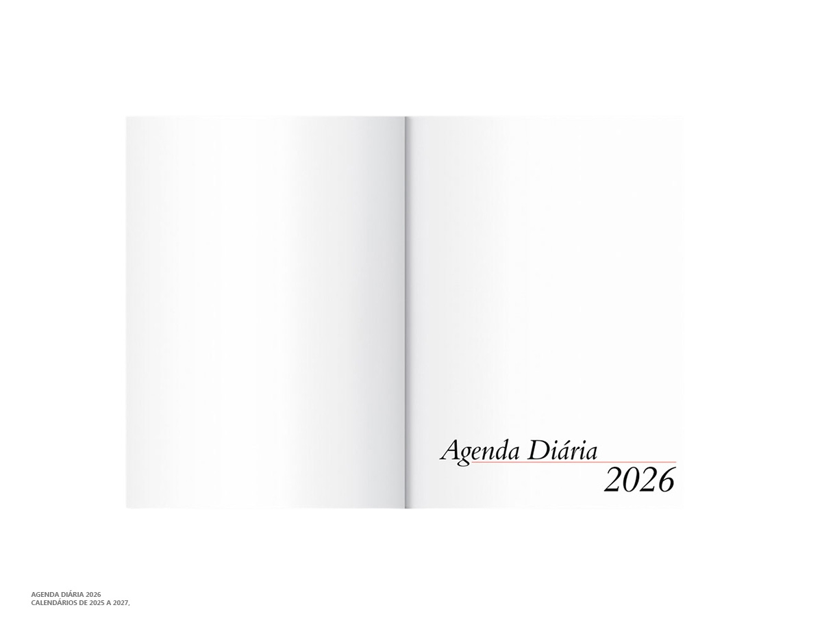 Agenda diária 2026 com capa em couro sintético e marca-páginas em fita de cetim. Possui seções para dados pessoais, calendários de 2025 a 2027, contatos, planejamento e mapas. Brinde prático e sofisticado para organização diária e uso corporativo.