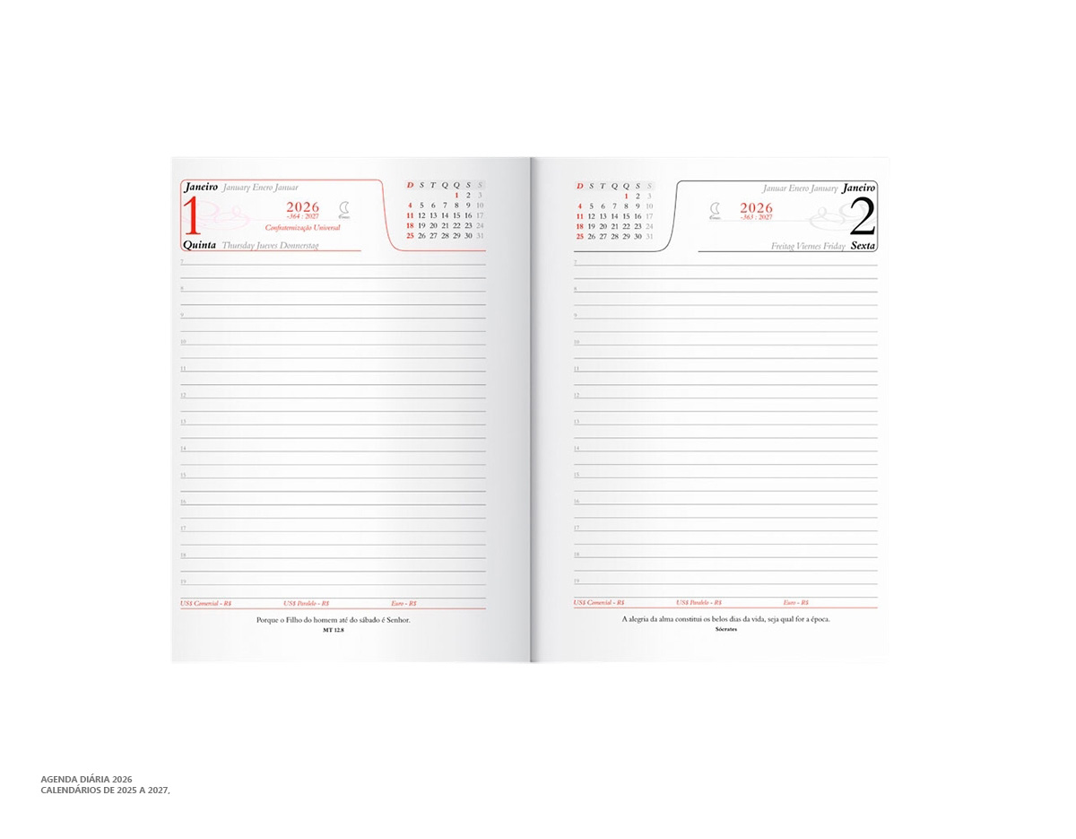 Agenda diária 2026 com capa em couro sintético e marca-páginas em fita de cetim. Possui seções para dados pessoais, calendários de 2025 a 2027, contatos, planejamento e mapas. Brinde prático e sofisticado para organização diária e uso corporativo.