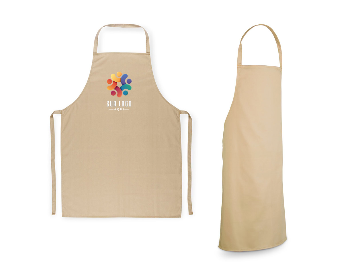 Avental confeccionado em algodão sarjado com gramatura de 180 g/m². Possui tecido resistente e estrutura adequada para uso em atividades culinárias ou profissionais.